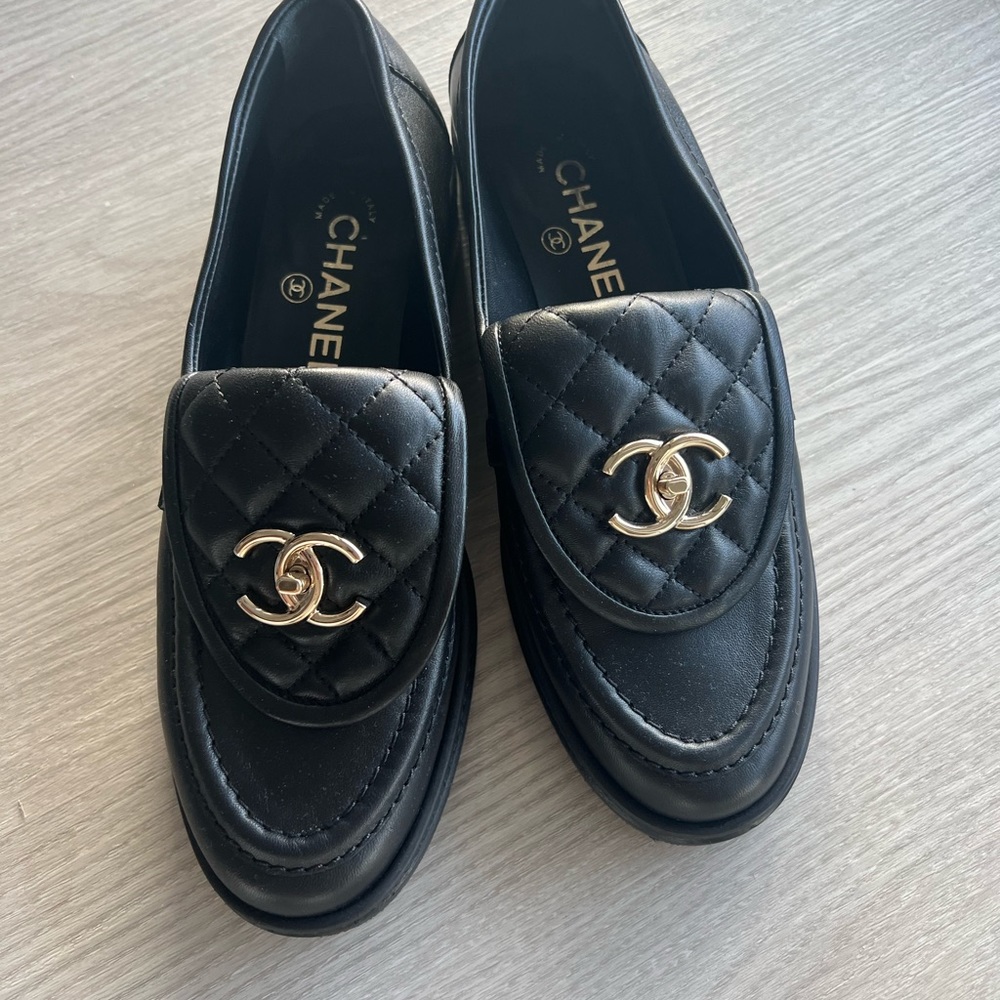 Chanel Black Lambskin CC Turnlock Loafers